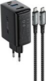 ACEFAST Duvar Şarj Cihazı Akıllı Şarj Cihazı Type-C to Type-C Şarj Kablo USB-C - 60W + USB-A - 5W + Medya Bağlantı Noktası 4K / 60Hz GaN PD65W EU A17 Siyah Renk