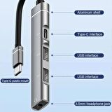 Coverzone Ses Kartlı USB Hub Çok Portlu Çoklayıcı Adaptör 4 in 1 USB/Type-c To USB 3.0, USB C ve 3.5mm Jak Çıkışlı Macbook Uyumlu Çevirici Adaptör  Gümüş Renk ZR615