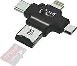 Coverzone 4in1 Kart Okuyucu Lightning Micro USb ve Type-C Girişli Fat32 ve exFat Destekli Card Reader Hızlı ve Kolay Data Transfer SW-T1