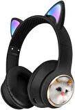 Coverzone Bluetooth Kulaklık Kedi Tasarımlı Kulakları Işıklı Kablosuz Şık ve Canlı Renkli Kulak Üstü Kulaklık Android ve iOS Uyumlu AKZ-09 Siyah Renk