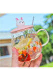 Happy Day Havuç Desenli Tavşan  Figürlü Cam Pipetli Kapaklı Cam Bardak Kupa Dekoratif Hediyelik