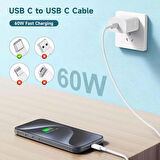 Coverzone Type-C to Type-C 60W iPhone 15 Uyumlu Data ve Şarj Kablo 1 Metre Uzunluk Beyaz Renk USB C to USB C Kablo