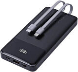 Coverzone Dunspin Led Ekranlı Powerbank 10000mAH Dahili Type-C Kablo Dahili Lightning Kablo iPhone Uyumlu Güç Bankası Şarj Cihazı (W19 10000mAh - Siyah)