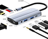 Coverzone Çoklayıcı Adaptör 8 in 1 Type-C To SD FT, USB 3.0 Macbook uyumlu HDTV VGA Audio Adaptör 8in1 Çevirici Adaptör Çok Portlu Çoklayıcı 8 in 1 Tip C USB HUB BYL-2105