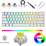 Leaven K620 Type-C Kablolu Klavye Led RGB 61 Tuşlu RGB Mekanik Oyuncu Işıklı Klavye Ergonomik Tasarım Bilgisayar PC için Gaming Keyboard Beyaz Renk Sarı Switch