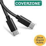 Coverzove 20cm Type-C to Type-C Kablo 60W 20V 3A Şarj Kablo USB C Örgü Quick PD Şarj Kablosu Tip C to Tip C FT-UCA100S