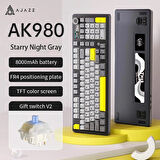 Coverzone Ajazz AK980 Ekranlı Mekanik Klavye RGB, Tam Boy Hot-Swap 3 Modlu 8000 Mah Batarya Oyun Klavyesi, Bluetooth /2.4g Kablosuz/Type-C Kablolu Siyah/Gift Switch