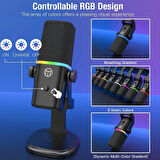 Coverzone Profesyonel Stüdyo Mikrofon Kayıt Condenser Masaüstü Canlı Yayın Mikrofonu PC USB C, Oyun, Podcast, Kayıt, Yayın, ASMR Sessiz/Eko, Telefon Adaptörü, Mac, Windows ile Uyumlu KD8 - Siyah