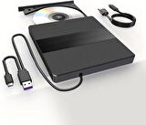 Coverzone Harici USB 3.0 ve Type-C DVD-ROM DVD-RW Optik Sürücü, USB ve Type C Kablolu, PC, Tablet, DVD Player, Çizgili Metal Tasarım Ultra Slim CD ROM Okuyucu X350