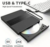 Coverzone Harici USB 3.0 ve Type-C DVD-ROM DVD-RW Optik Sürücü, USB ve Type C Kablolu, PC, Tablet, DVD Player, Çizgili Metal Tasarım Ultra Slim CD ROM Okuyucu X350