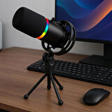 Coverzone RGB Profesyonel Stüdyo Mikrofon Kayıt USB/XLR Çift Modlu Podcast Dinamik Mikrofon Masaüstü Canlı Yayın Mikrofonu PC USB, Oyun, Podcast, Kayıt, Yayın, Mac, Windows ile Uyumlu Q1