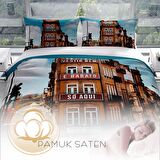 Cattleya Apartman 3D Temalı Pamuk Saten Çift Kişilik Nevresim Takımı