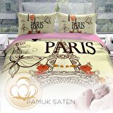 Cattleya Paris 3D Temalı Pamuk Saten Çift Kişilik Nevresim Takımı