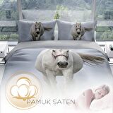 Cattleya Horse 3D Temalı Pamuk Saten Çift Kişilik Nevresim Takımı