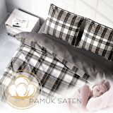Monohome Grey Ekose Ekoseli Pamuk Saten Çift Kişilik Nevresim Takımı