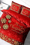 Yılbaşı Nevresim Takım %100 Doğal Pamuk Merry Christmas Çift Kişilik Merry Kırmızı