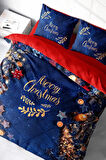 Yılbaşı Nevresim Takım %100 Doğal Pamuk Merry Christmas Çift Kişilik Merry Blue