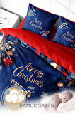 Yılbaşı Nevresim Takım %100 Doğal Pamuk Merry Christmas Çift Kişilik Merry Blue