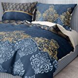 Monohome Premium Luxury Blue Damask 3D Temalı Pamuk Saten Çift Kişilik Nevresim Takımı