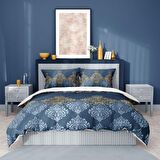 Monohome Premium Luxury Blue Damask 3D Temalı Pamuk Saten Çift Kişilik Nevresim Takımı