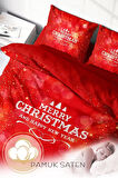 Yılbaşı Nevresim Takım %100 Doğal Pamuk Merry Christmas Çift Kişilik Merry Red
