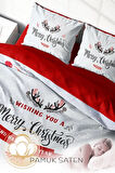 Yılbaşı Nevresim Takım %100 Doğal Pamuk Merry Christmas Çift Kişilik Wıshing You