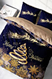 Yılbaşı Nevresim Takım %100 Doğal Pamuk Merry Christmas Çift Kişilik Gold Coffee