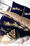 Yılbaşı Nevresim Takım %100 Doğal Pamuk Merry Christmas Çift Kişilik Gold Coffee
