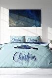Yılbaşı Nevresim Takım %100 Doğal Pamuk Merry Christmas Çift Kişilik Blue Star