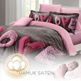 MONOHOME Sevgililer Günü Çift Kişilik Nevresim Takımı %100 Pamuk Saten Love