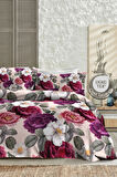 Lastikli Çarşaflı %100 Pamuk Saten Çift Kişilik Nevresim Takımı Güllü Nevresim