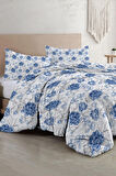 Çift Kişilik Nevresim Takımı Özel Dokuma Pamuk Saten Tuval Koleksiyonu Shadow Flowers Blue