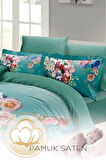 Lastikli Çarşaflı %100 Pamuk Saten Çift Kişilik Nevresim Takımı Çiçekli Turkuaz