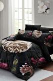 Lastikli Çarşaflı %100 Pamuk Saten Çift Kişilik Nevresim Takımı Black Flower