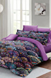Çift Kişilik ( Lastikli Çarşaflı ) %100 Pamuk Saten Nevresim Takımı Ethnic Purple