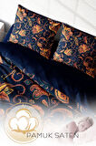 Lastikli Çarşaflı %100 Pamuk Saten Çift Kişilik Nevresim Takımı Goblen Çiçekleri