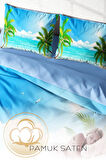 Lastikli Çarşaflı %100 Pamuk Saten Çift Kişilik Nevresim Takımı Palm