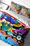 Lastikli Çarşaflı %100 Pamuk Saten Çift Kişilik Nevresim Takımı Graffiti