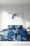 Lastikli Çarşaflı %100 Pamuk Saten Çift Kişilik Nevresim Takımı Blue Flower