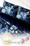 Lastikli Çarşaflı %100 Pamuk Saten Çift Kişilik Nevresim Takımı Blue Flower