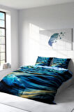 Lastikli Çarşaflı %100 Pamuk Saten Çift Kişilik Nevresim Takımı Wavy Sea