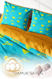 Lastikli Çarşaflı %100 Pamuk Saten Çift Kişilik Nevresim Takımı Turkuaz