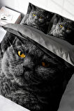 Lastikli Çarşaflı %100 Pamuk Saten Çift Kişilik Nevresim Takımı Serious Cat