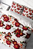 Lastikli Çarşaflı %100 Pamuk Saten Çift Kişilik Nevresim Takımı Red Rose