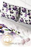 Lastikli Çarşaflı %100 Pamuk Saten Çift Kişilik Nevresim Takımı Purple Flowers