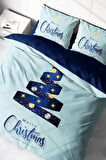 Yılbaşı Nevresim Takımı (Lastikli Çarşaflı) Çift Kişilik %100 Pamuk Saten Blue Noel