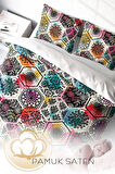 Lastikli Çarşaflı %100 Pamuk Saten Çift Kişilik Nevresim Takımı Patchwork Tiles
