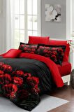 Çift Kişilik ( Lastikli Çarşaflı ) Sevgililer Günü Nevresim Takımı % 100 Pamuk Saten Black Rose