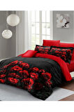 Çift Kişilik ( Lastikli Çarşaflı ) Sevgililer Günü Nevresim Takımı % 100 Pamuk Saten Black Rose
