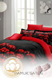 Çift Kişilik ( Lastikli Çarşaflı ) Sevgililer Günü Nevresim Takımı % 100 Pamuk Saten Black Rose